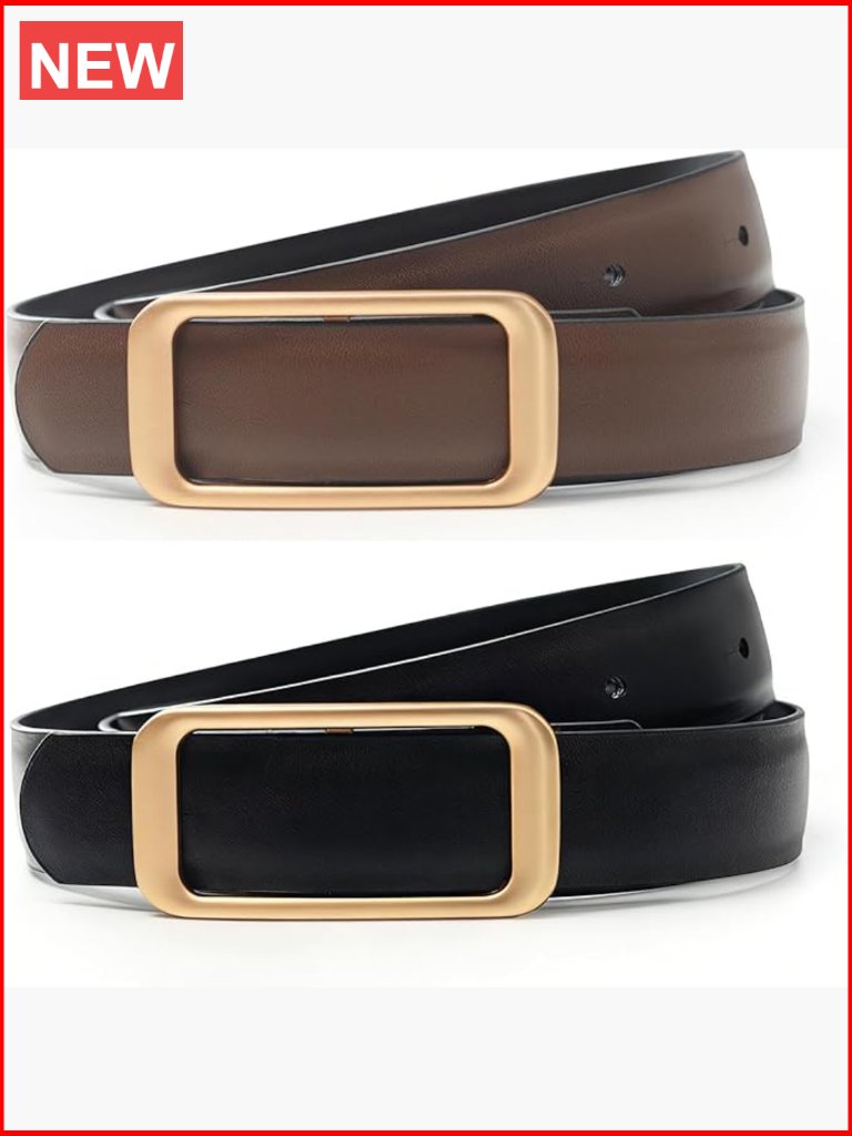 Reversible Genuine Leather Belt With Gold Buckle For Jeans Dresses